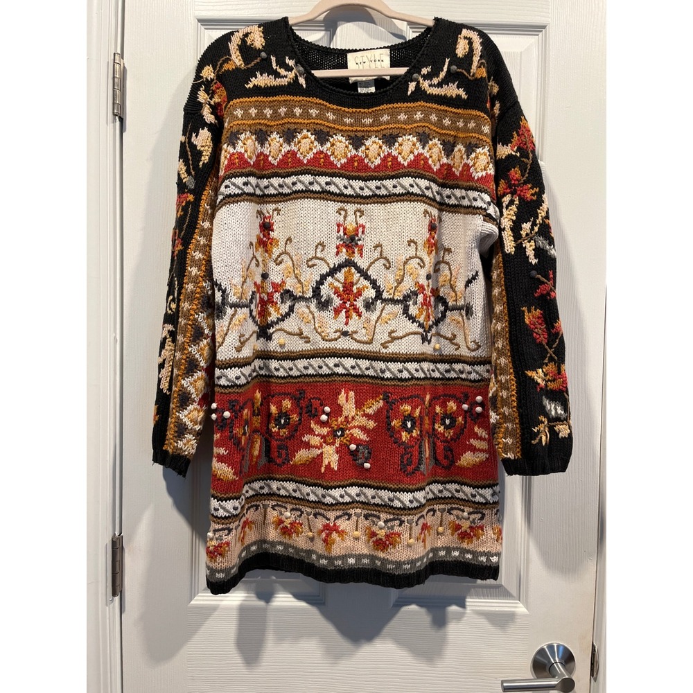 Style New York Handknit Floral Embroidered Bobble Sweater Ramie Cotton Multi